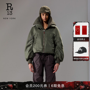 R13 宽松休闲短款高领橄榄绿色飞行夹克棉服外套