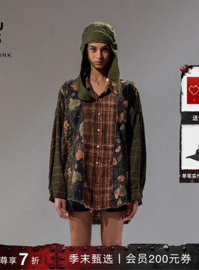 【季末甄选】R13 复古做旧设计感解构拼接印花格纹衬衫