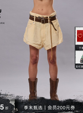 R13 2025春夏新品 VENTI 轻褪色简约复古双腰袢宽松落裆亚麻短裤