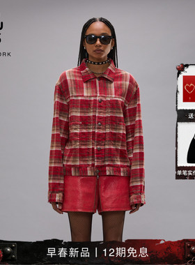 R132026早春新品 慵懒街头风宽松褶皱工装风红色格纹夹克外套