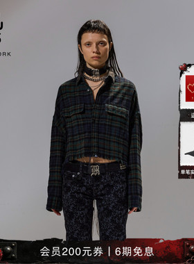 R13 宽松复古街头下摆毛边短款经典拼色格纹衬衫