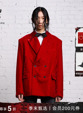 【明星同款】R13 Oversized复古双排扣红色丝绒西装外套