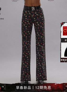 R13 2026早春新品 JANE水洗复古浪漫爱心印花高腰微喇牛仔裤