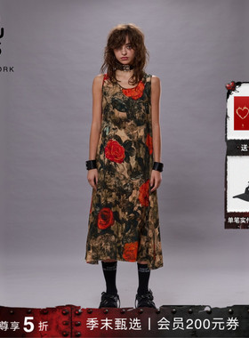 R13 法式无袖中长裙复古朋克迷彩玫瑰背心连衣裙