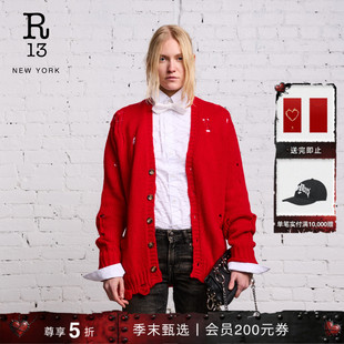 R13 Oversized版型纯色个性破洞设计编织羊绒开衫毛衣