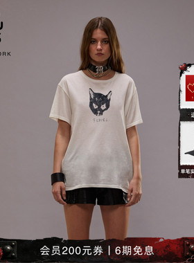 R13 宽松休闲街头趣味手工印花圆领T恤