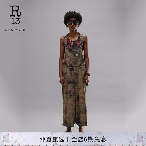 R13做旧格纹工装背带裤