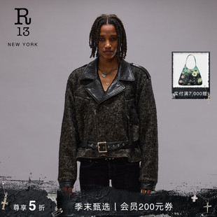 美式 秋冬系列 R13 街头宽肩羊毛混纺机车夹克外套 明星同款