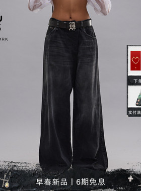 R13 2026早春新品 NICO WRAP复古做旧水洗黑色高腰宽松阔腿牛仔裤