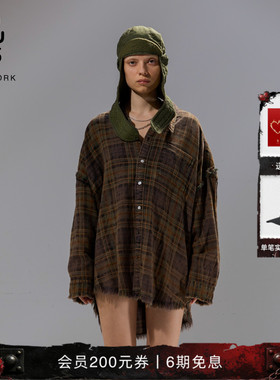 R13 宽松复古做旧解构慵懒风棕色系经典格纹衬衫