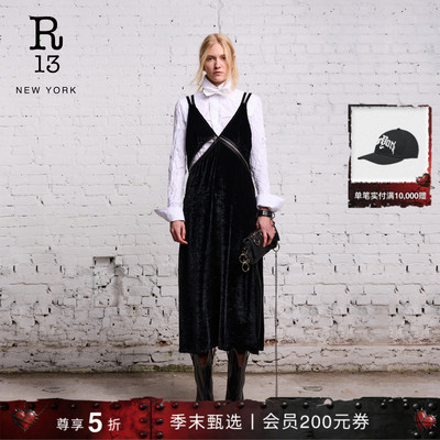 R13秋冬极简风丝绒吊带长裙拉链