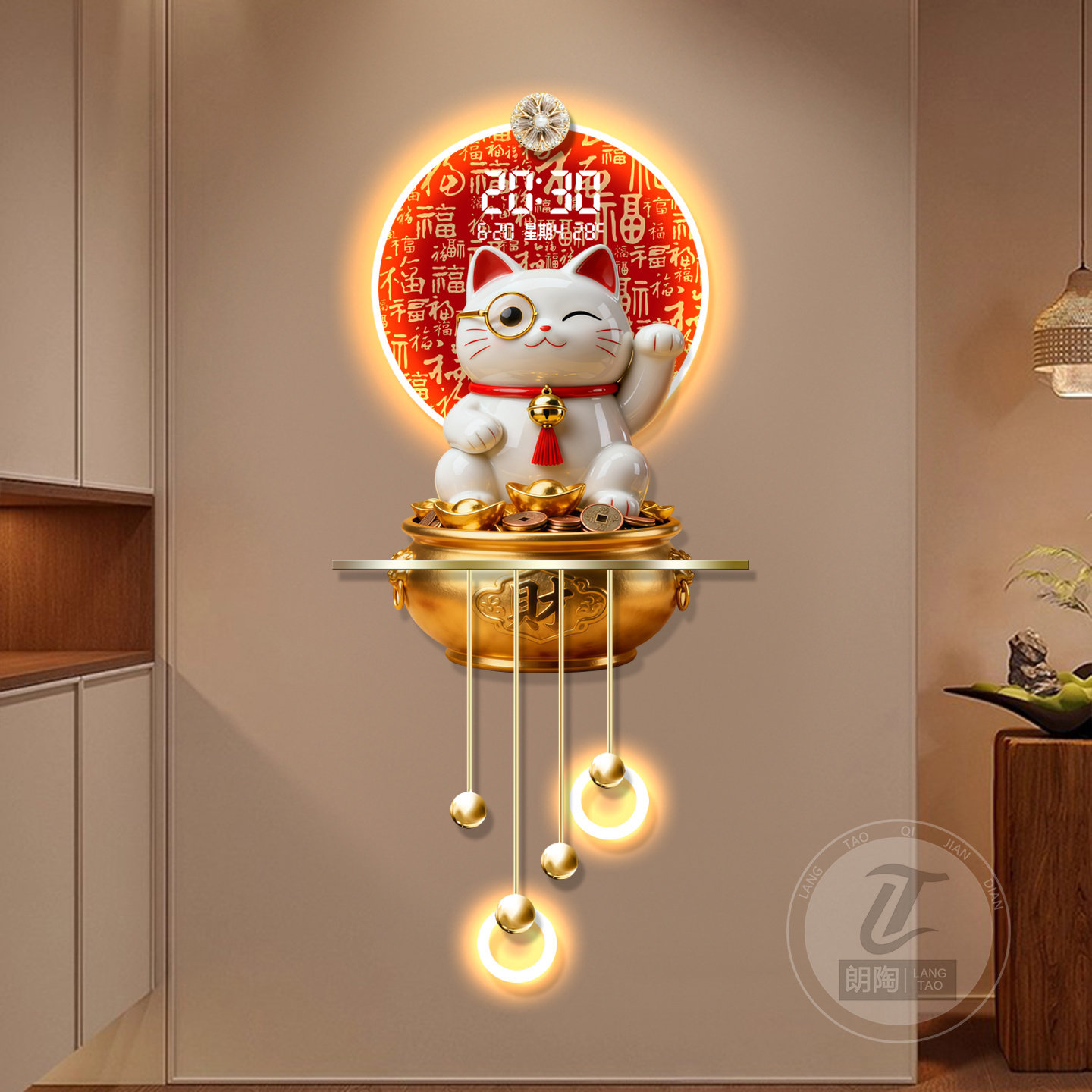 招财猫智能电子时钟万年历装饰画玄关入户门发光灯画聚宝盆挂画,家居饰品,氛围画/灯画,淘宝优惠券,粉丝福利购,淘宝优惠卷