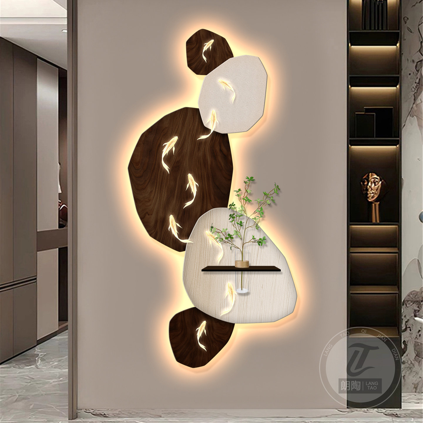 石来运转玄关装饰画九鱼图轻奢