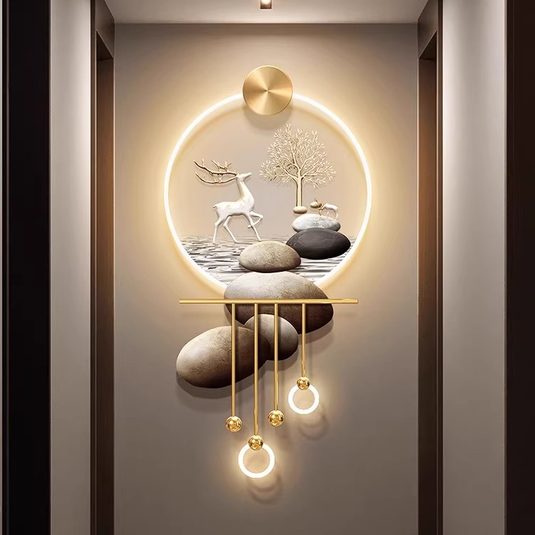 轻奢九鱼图玄关装饰画高级感走廊过道挂画LED发光灯画水培绿植图片