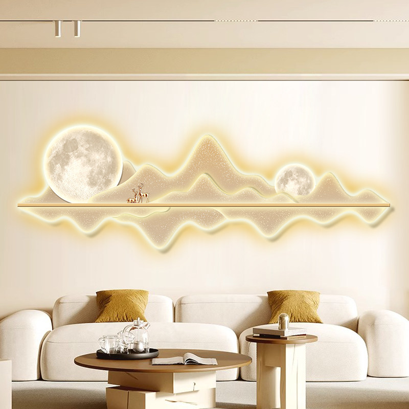 现代轻奢客厅装饰画背靠金山沙发背景墙挂画LED壁灯高级感挂画