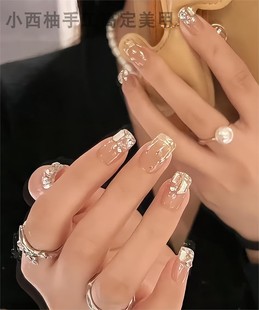纯手工定制短款轻奢风爆闪碎钻穿戴美甲贴片小学生新娘成品假指甲