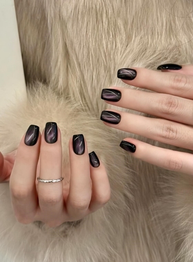 手工美甲贴片高质量紫色纯色玻璃珠猫眼穿戴甲2025新款短款高级感