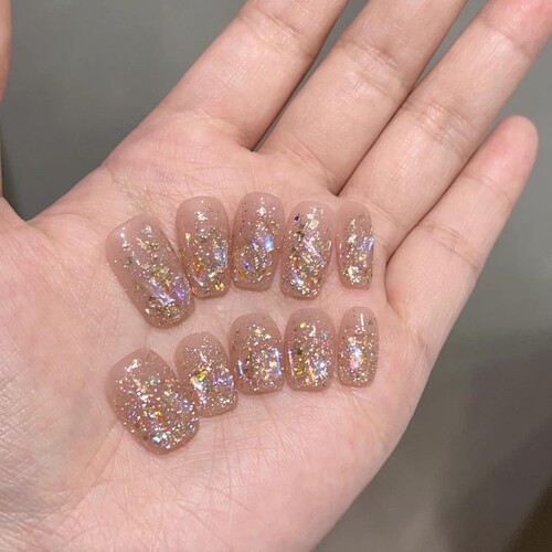【A溏心风暴】高品质纯手工穿戴甲超 闪香槟极光碎钻美甲成品手工