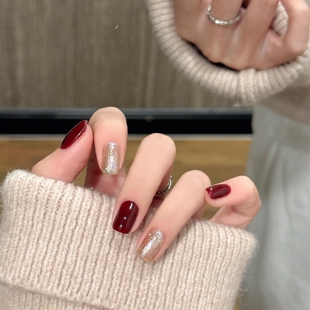 2026显白酒红色短款美甲 婚纱孕妇日常穿戴甲贴片 持久可重复