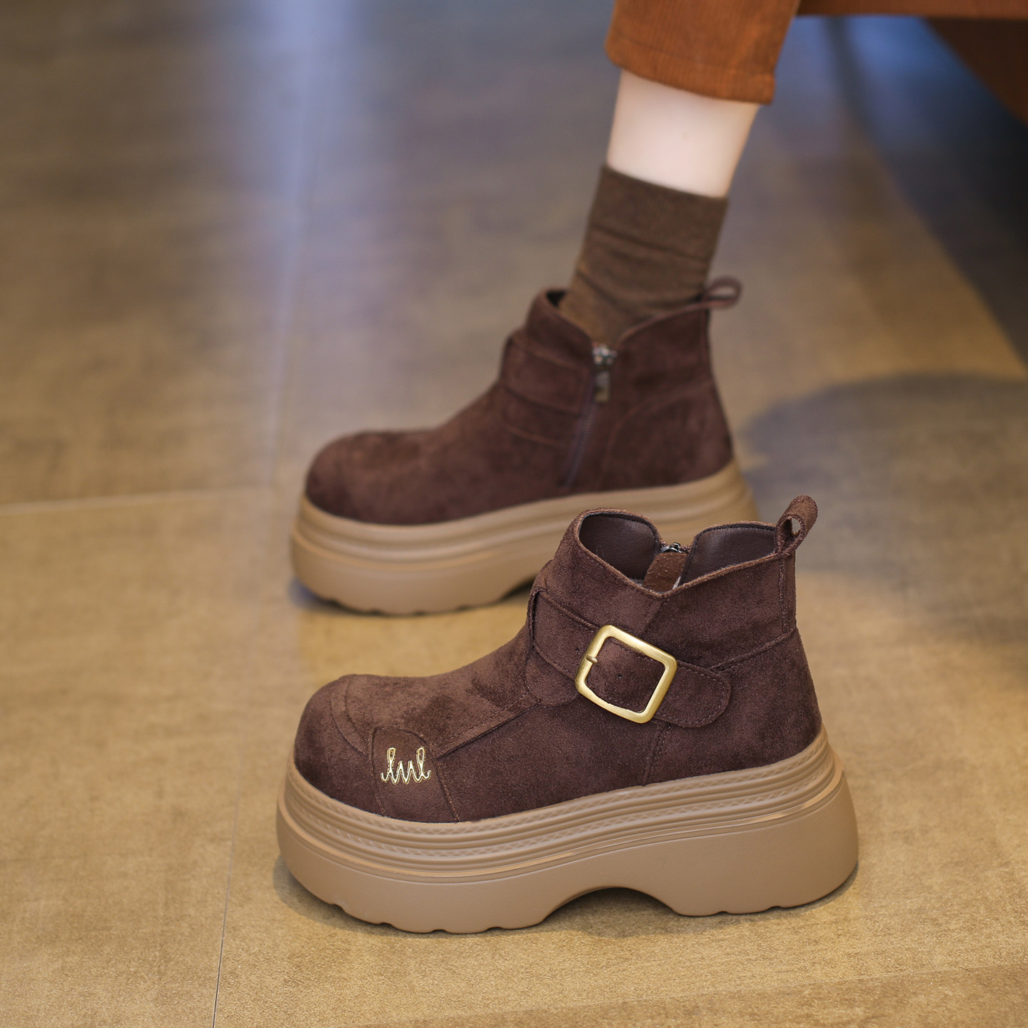 松糕厚底雪地靴女款2025新款冬季加绒短靴百搭小个子增高勃肯棉鞋,女鞋,时尚雪地靴,淘宝优惠券,粉丝福利购,淘宝优惠卷