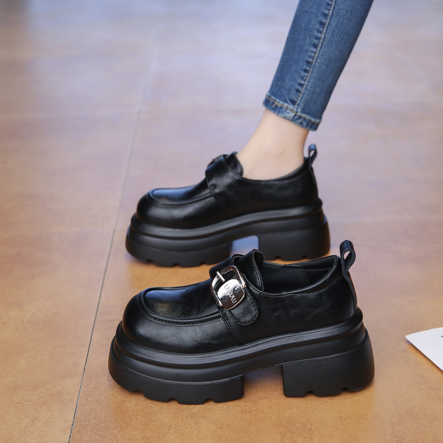 小皮鞋女百搭厚底小个子乐福单鞋