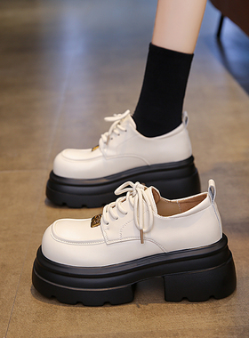 白色厚底小皮鞋女2026新款春秋系带单鞋百搭增高学院英伦风乐福鞋