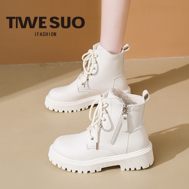白色马丁靴女英伦风厚底加绒短靴