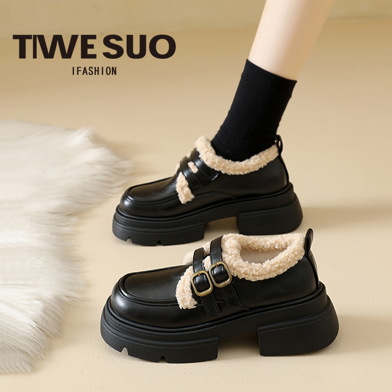 厚底加绒小皮鞋女雪地靴乐福棉鞋