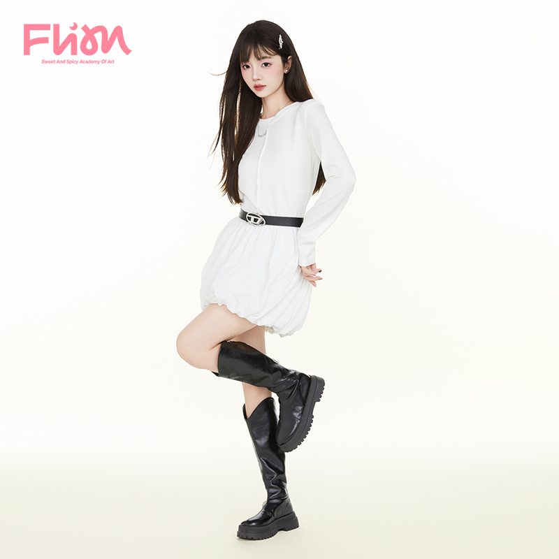FLIM纯欲甜美性感圆领长袖连衣裙女拼接设计高腰显瘦蓬蓬花苞短裙