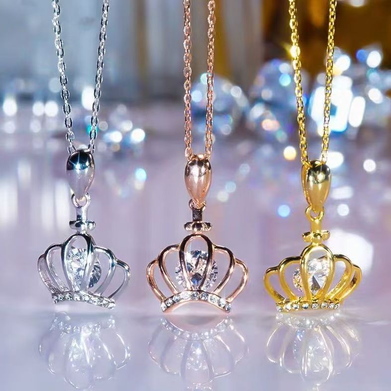 AU750纯18K玫瑰金进口D色莫桑石时尚皇冠项链简约冷淡风气质吊坠