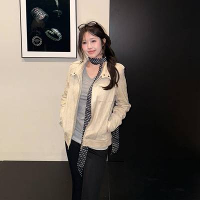 aassss 美式覆古牛皮绒短款夹克外套女春秋韩版休闲 百搭长袖上衣