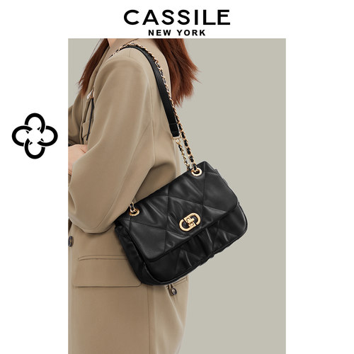 CASSILE卡思乐菱格链条腋下女包气质小香风单肩斜挎黑色小方包潮