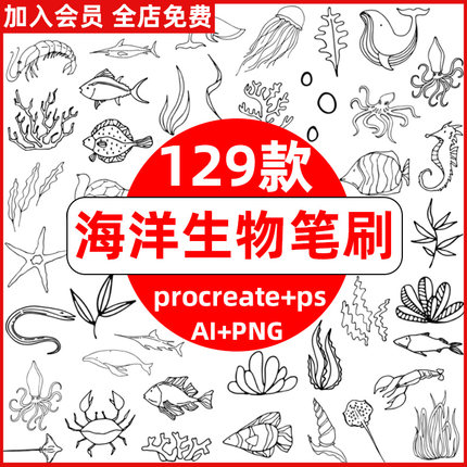 海洋生物procreate笔刷ps笔刷手绘海底生物动物植物线稿ai矢量png