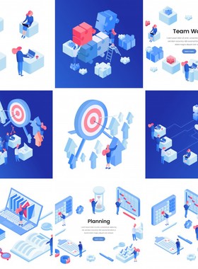 48套未来科技2.5D云计算书本教育医疗小人等距插画ai矢量素材1671