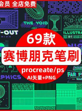 procreate笔刷ps笔刷未来科技酸性蒸汽波机能赛博朋克图形背景AI