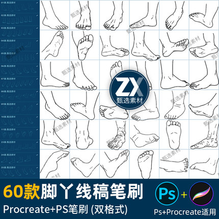 ps笔刷procreate笔刷人体脚丫脚部足部姿势动作手绘线稿临摹练习