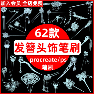 procreate笔刷古风头饰发簪盘发发钗复古配饰插画装饰ps笔刷素材