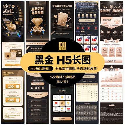 黑金风VIP权益特权专区会员中心体检项目活动介绍H5UI长图PSD素材