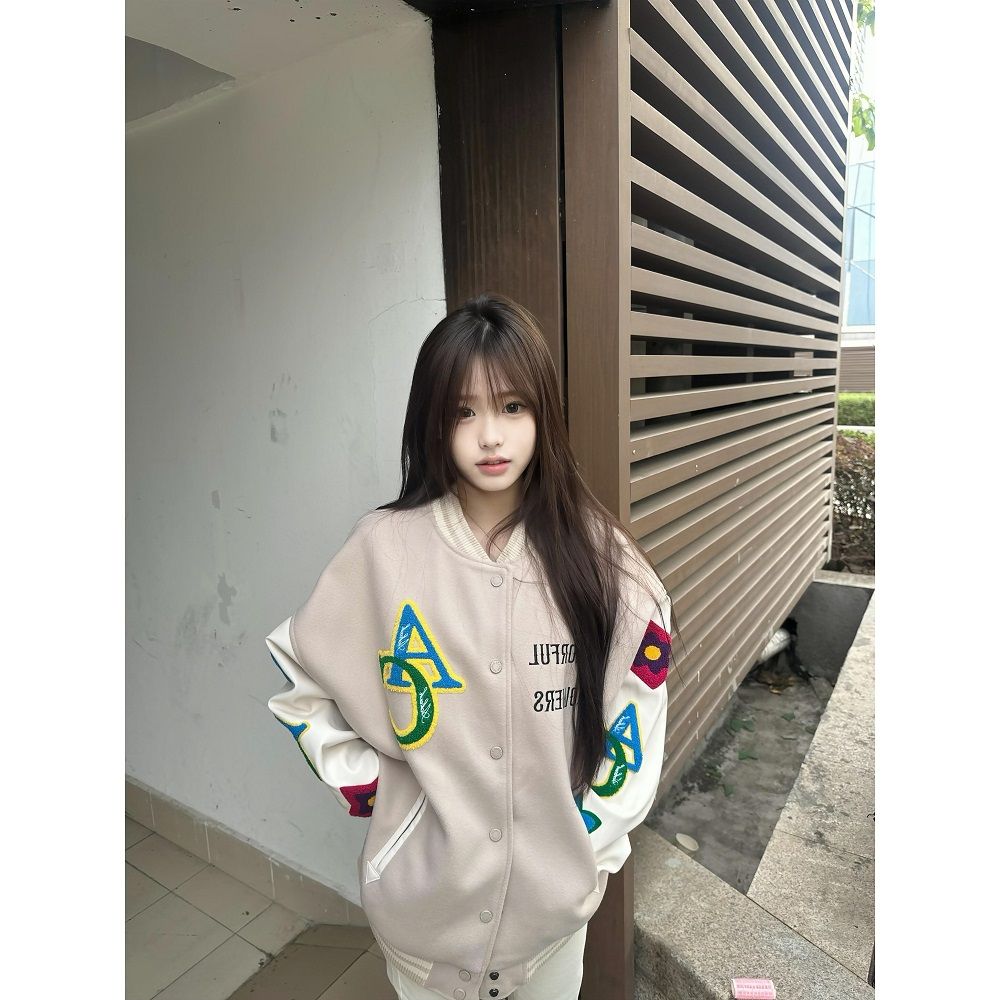 美式复古拼接刺绣字母棒球服春秋新款宽松韩版学生百搭开衫外套女