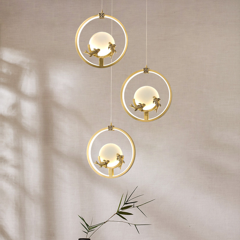 新中式全铜鱼线楼梯灯别墅复式楼长吊灯禅意装饰玉石铜灯家用灯具