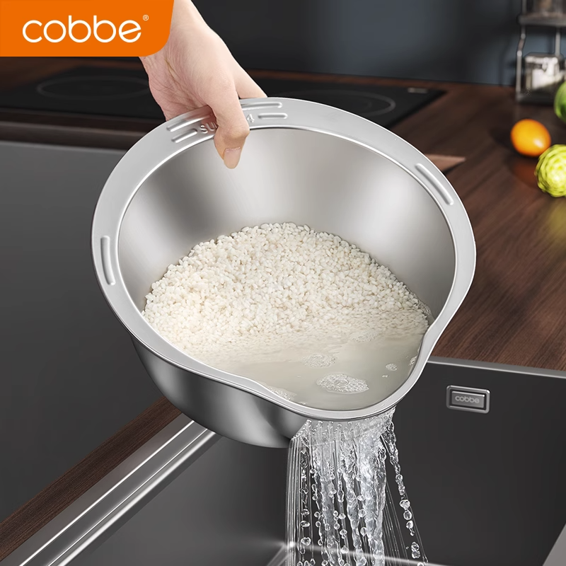 卡贝加厚304不锈钢盆沥水篮淘米神器洗米筛洗菜专用漏盆过滤篮子