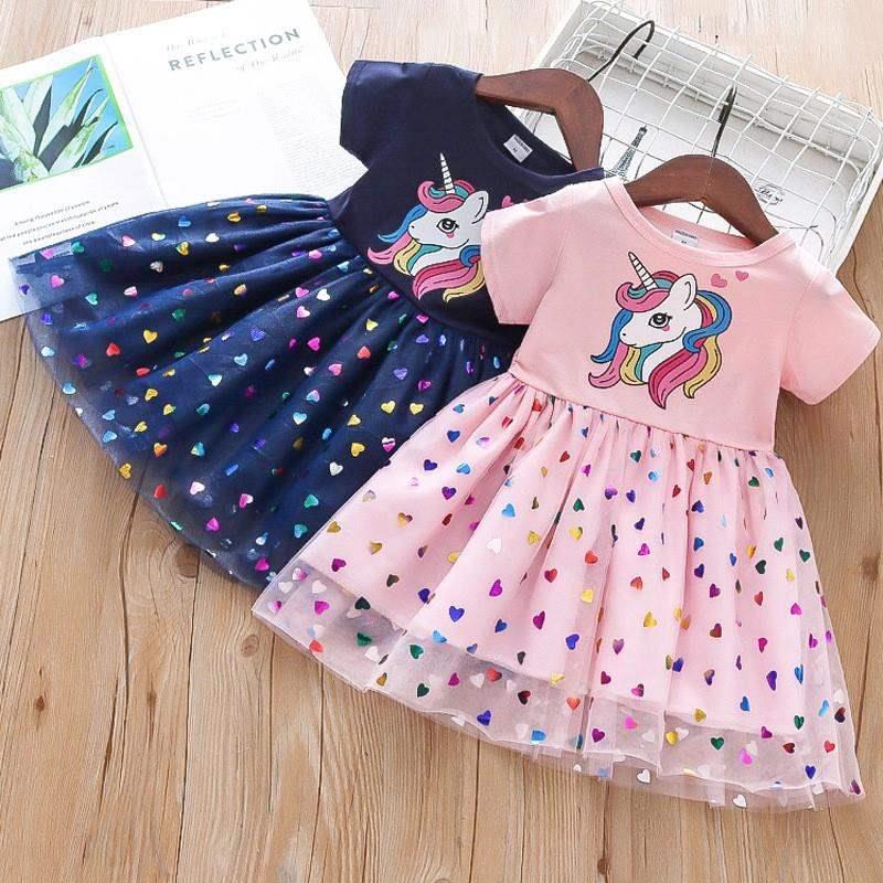 2024 Summer Girls Dress Cotton Cartoon Unicorn Splicing Mesh