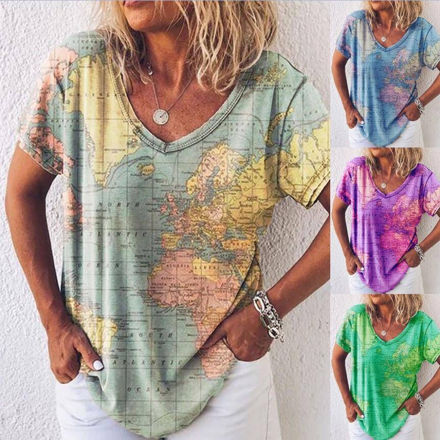 Map V-neck short-sleeved bottoming shirt T-shirt womens