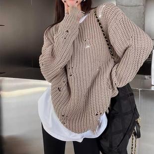 neck sweater loose pullover round Solid long color bottom
