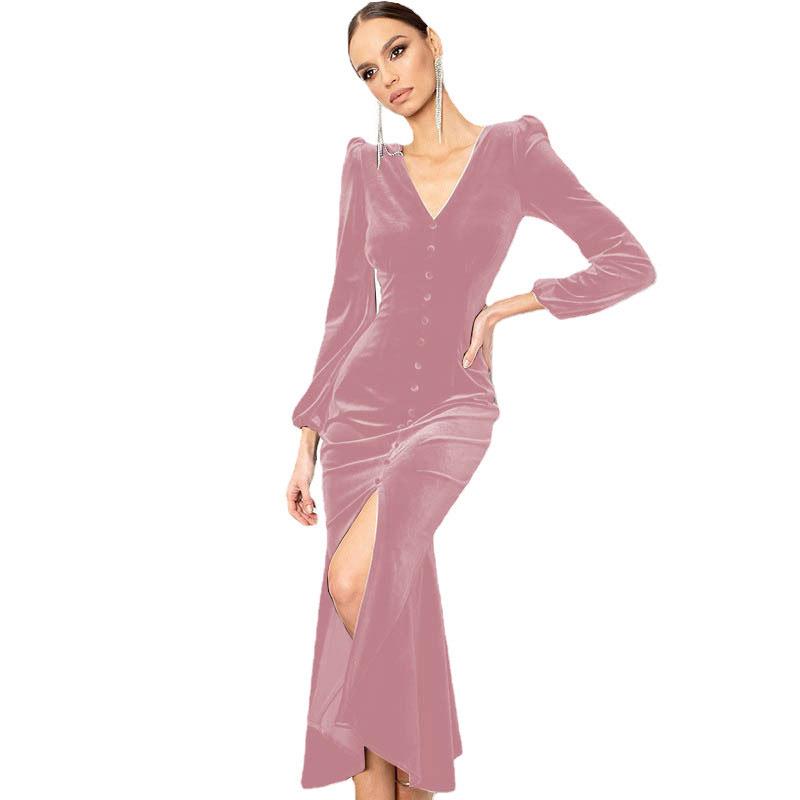Women Dress Long Slit Fit Slim Dress Temperament V-Neck