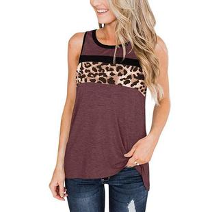 top stitching vest Womens sleeveless round leopard neck