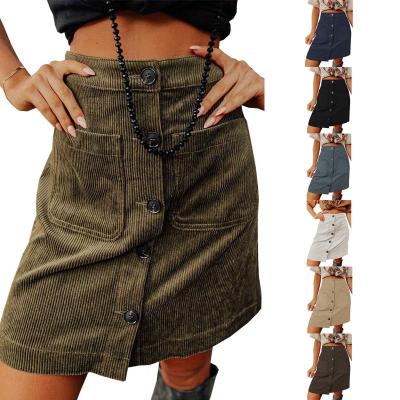 Corduroy skirt high waist versatile skirt buttoned short