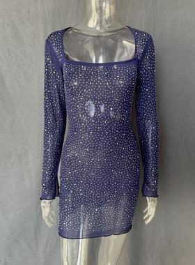 women sexy mini dress square neck long sparkly sequin