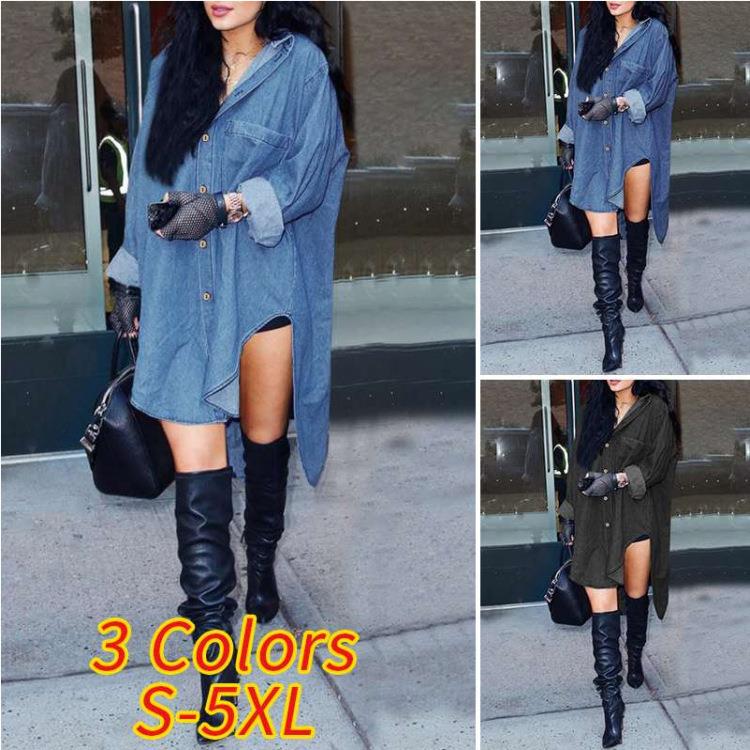 Women's Long Sleeve Denim Uneven Side Shirt Tops Jacket