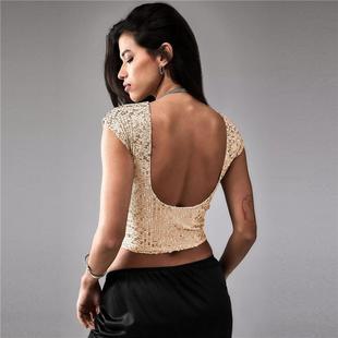 Girls Sexy T-Shirt Cropped Womens Sequined Backless Hot Top